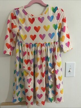 Girls' Rainbow Heart Print Cream Dress